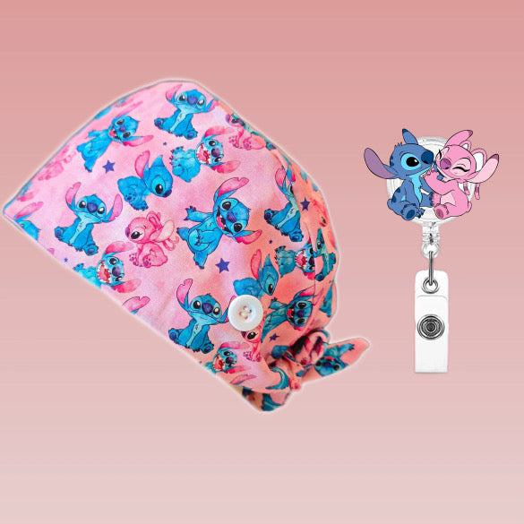 Blue & Pink Stitch Scrub Caps + Badge Reel